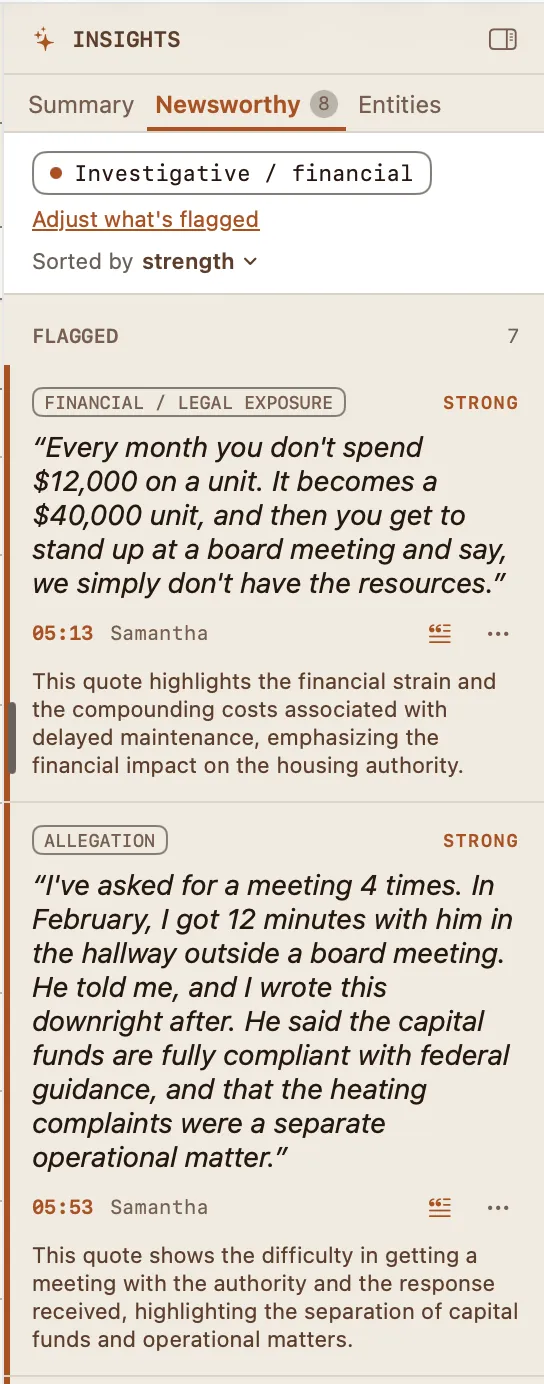 The Insights panel on its Newsworthy tab, listing flagged passages tagged FINANCIAL / LEGAL EXPOSURE and ALLEGATION, each marked STRONG with a timestamp, the speaker and a short rationale.