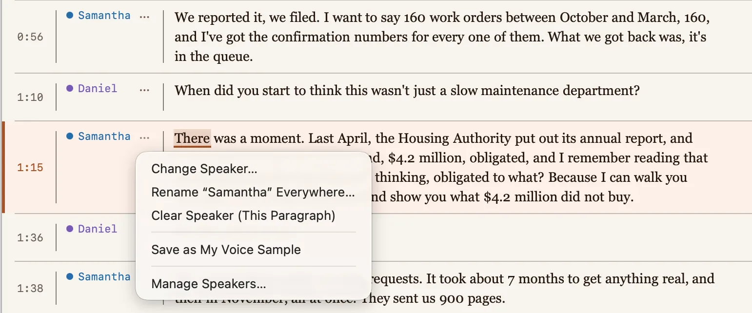 Transcript paragraphs labeled Samantha and Daniel, with a menu open offering Change Speaker, Rename Samantha Everywhere, Clear Speaker and Save as My Voice Sample.