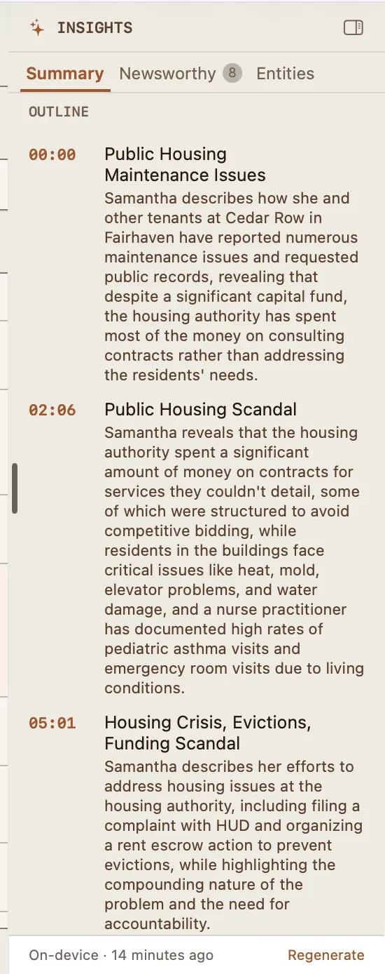 The Insights panel on its Summary tab, showing a timestamped outline of the interview with a paragraph describing each section, and a footer reading On-device, 14 minutes ago.
